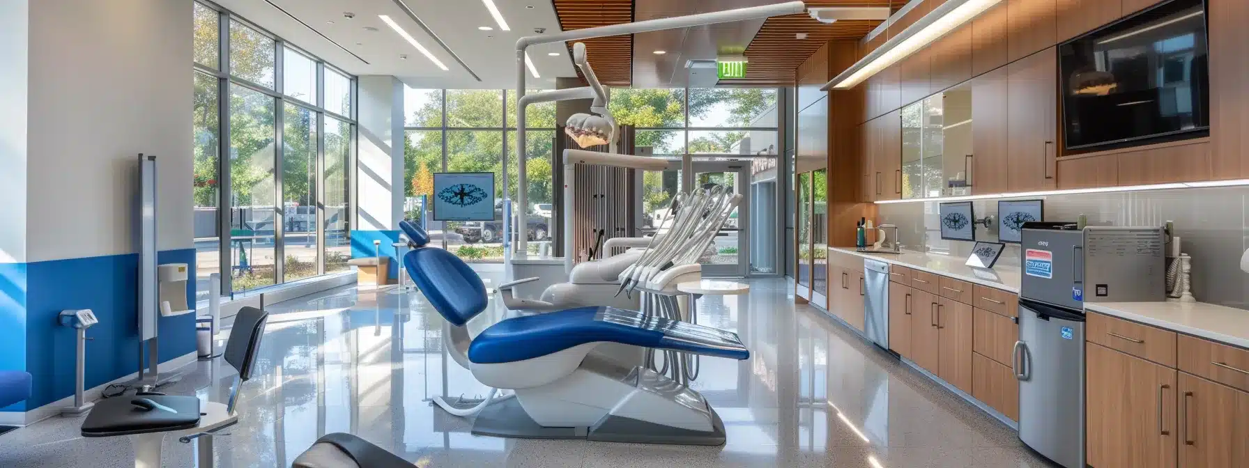 a vibrant, modern dental clinic awaits with sleek, contemporary design and inviting light, showcasing an array of prosthetic crowns displayed artistically, symbolizing accessible and affordable dental care options in longview.