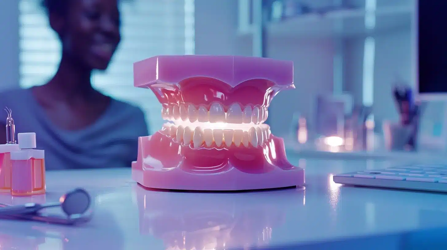 a visually captivating dental consultation scene, showcasing a confident patient examining a radiant smile in a mirror, juxtaposed against the contrasting options of gleaming dental implants and traditional dentures on a sleek, modern dental office counter, illuminated by soft, inviting lighting.