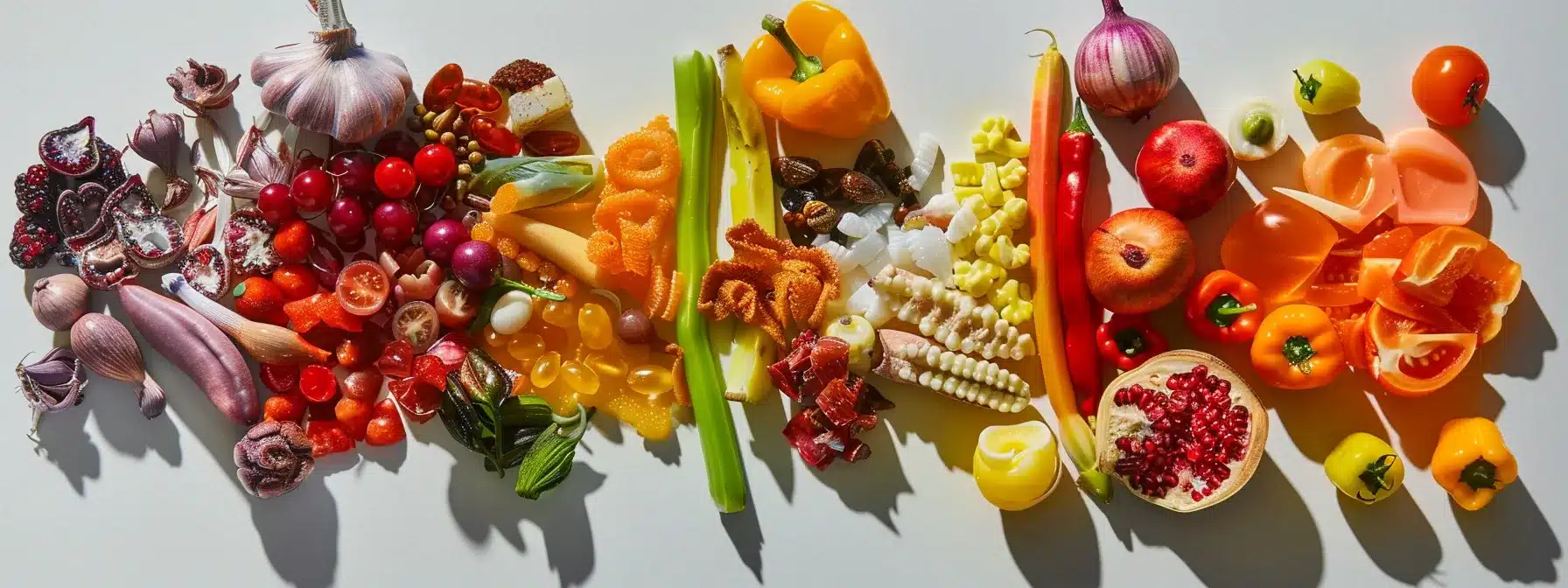 a visually striking arrangement of forbidden foods, featuring vibrant colors and textures of hard, sticky, hot, and sugary items, set against a clean, neutral background to emphasize their potential impact on dental recovery.