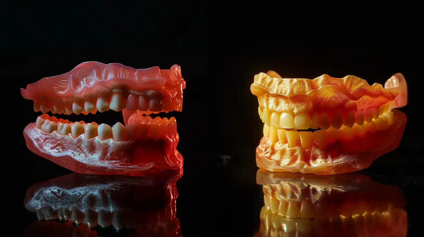 a visually striking close-up of a dental implant and a set of vibrant dentures side by side, showcasing their realistic textures and lifelike appearance, illuminated by soft, natural light to highlight their aesthetic appeal and functionality.