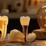 a visually striking comparison of gleaming, affordable dental implants on one side and elegant, high-end options adorned with luxurious finishes on the other, illuminated under soft, diffused lighting to highlight their distinct features.