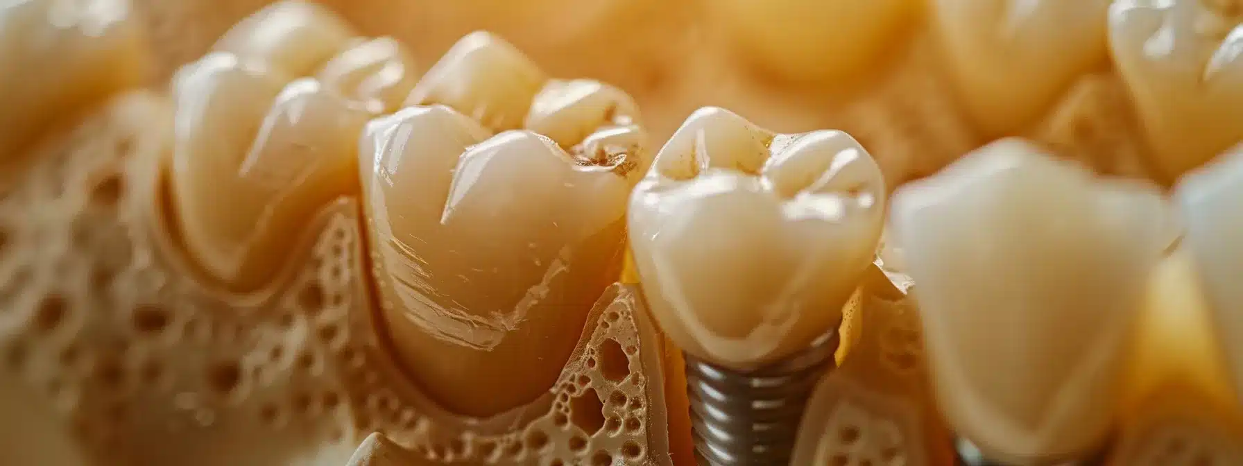 a vivid close-up of a dental implant embedded in healthy jawbone, showcasing the intricate fusion process with soft, diffused lighting to highlight the textures and colors of both the implant and surrounding bone.