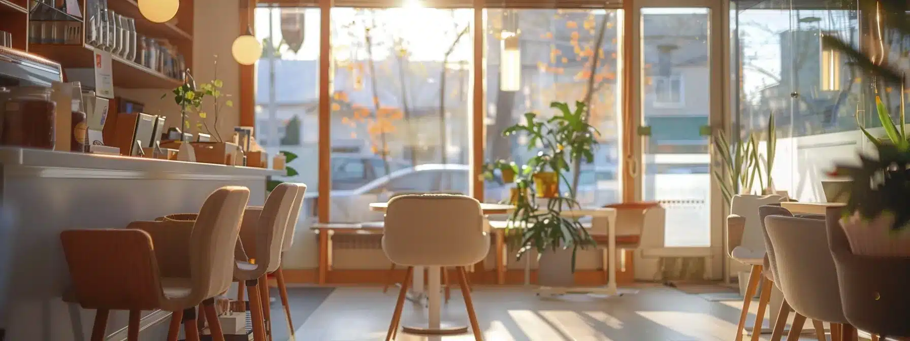 a warm and inviting dental clinic interior showcases patients reviewing flexible payment plans and financing options, illuminated by soft natural light filtering through large windows.