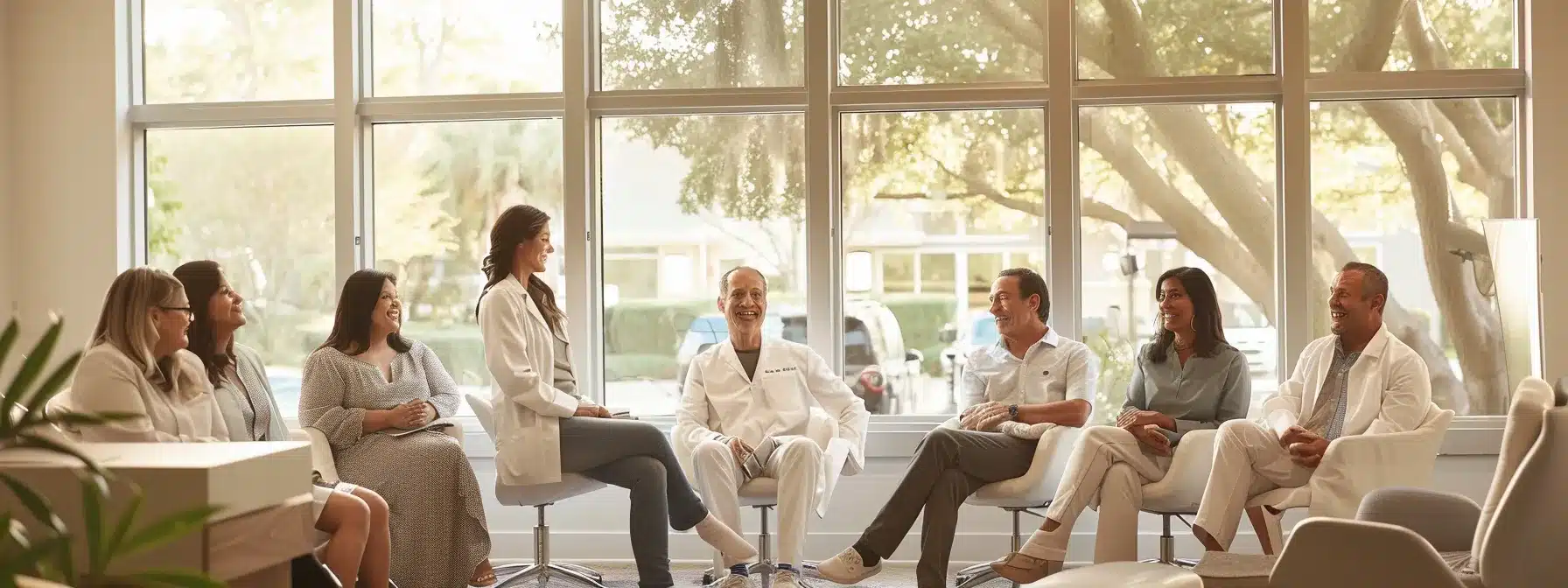 a warm, inviting dental office setting featuring a diverse group of smiling patients who are sharing uplifting testimonials about their successful experiences with financing dental implants, illuminated by soft, natural light streaming through large windows.