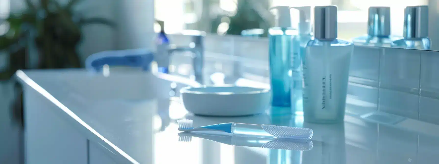 an inviting, bright bathroom scene featuring a sleek toothbrush and dental care products arranged neatly, emphasizing a daily routine for maintaining dental implants with a focus on cleanliness and oral hygiene.