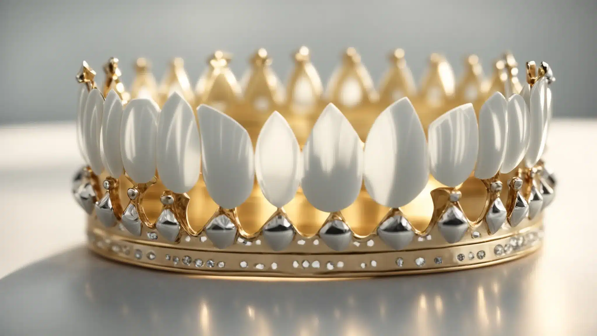 a close-up view of a beautifully crafted dental crown placed on a sleek, reflective surface, illuminated by soft natural light to emphasize its intricate design and high-quality materials, symbolizing excellence in dental craftsmanship.