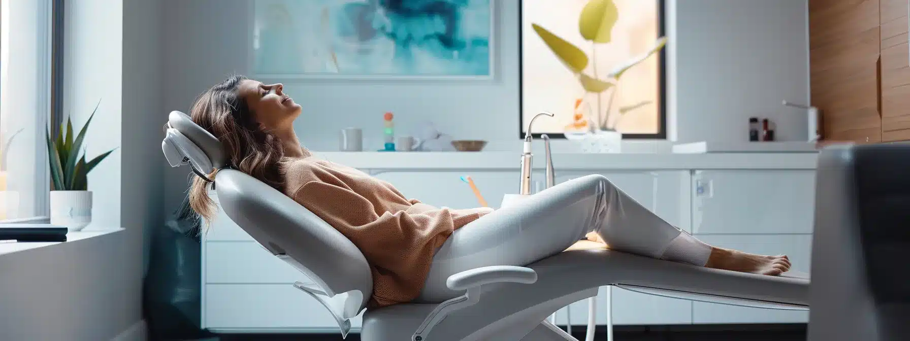 a serene, softly-lit clinic setting features a patient comfortably resting in a dental chair, surrounded by calming decor, symbolizing the delicate balance between rest and gentle recovery during post-surgery care for dental implants.