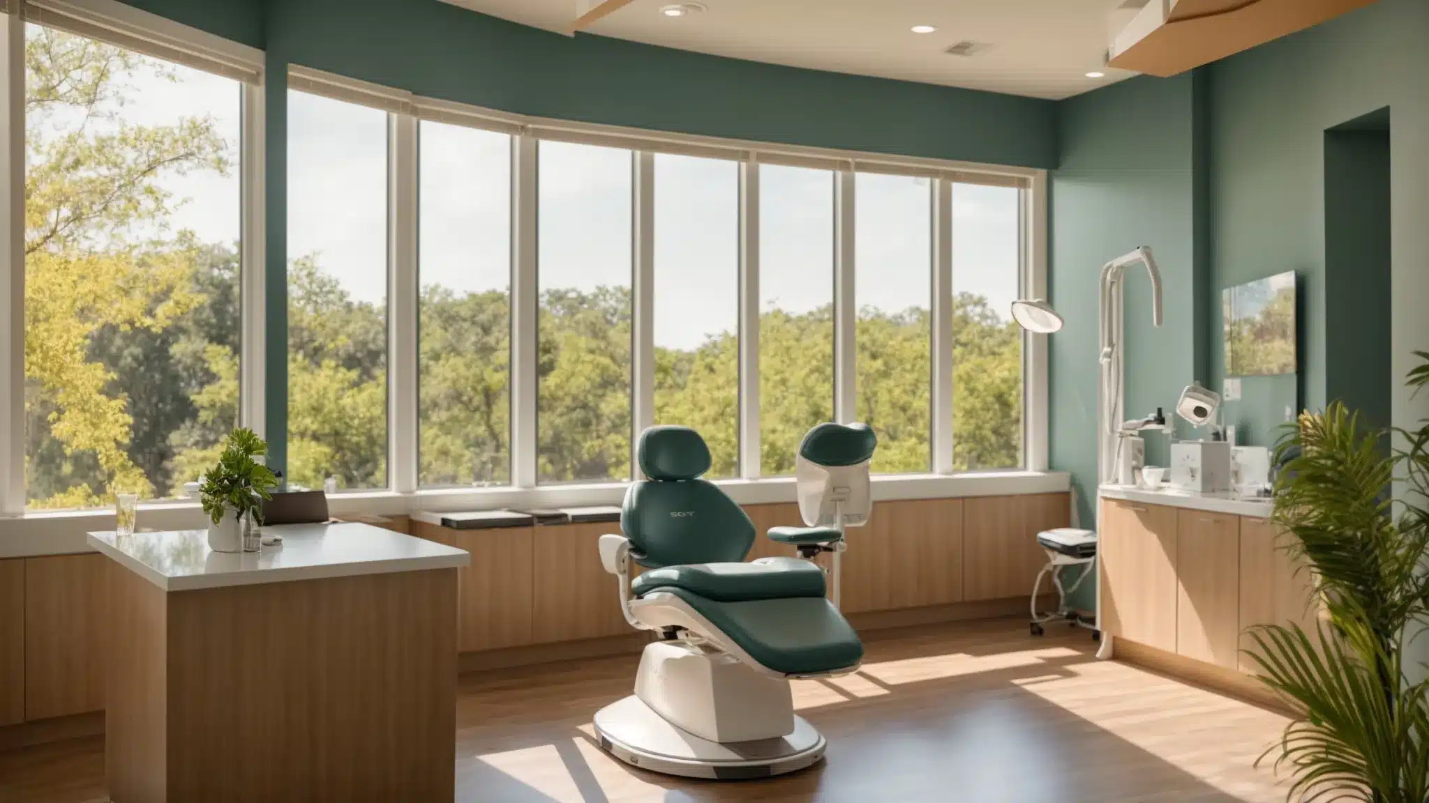 a serene, sunlit dental office in tyler showcases a qualified dentist engaging warmly with a patient, reflecting trust and professionalism in dental crown care amidst nature-inspired decor.