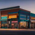 a vibrant street scene in longview, texas, showcasing a welcoming extraction service storefront surrounded by colorful local businesses under a bright blue sky.