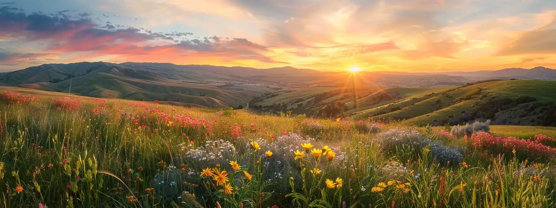 a breathtaking sunrise paints the sky in vibrant hues of orange and pink, illuminating a serene landscape of rolling hills and wildflowers swaying gently in the morning breeze.