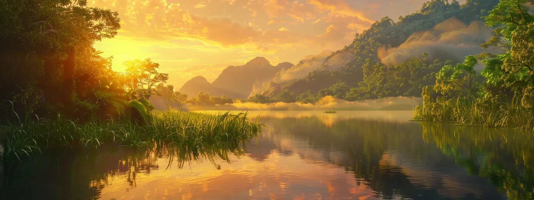 a breathtaking sunrise paints the sky in vibrant hues of orange and pink, casting a golden glow over a serene lake surrounded by lush, mist-covered mountains, creating a tranquil atmosphere.