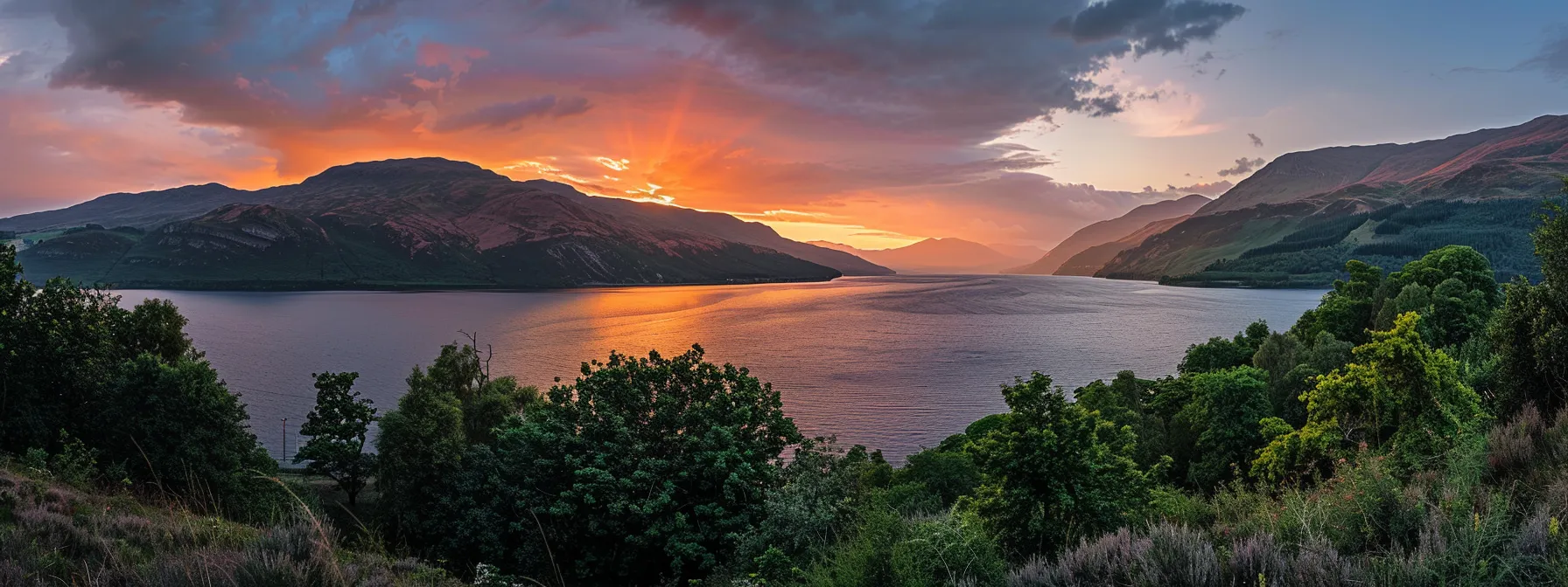 a breathtaking sunset casts a warm golden glow over a tranquil lake, surrounded by lush green forests and majestic mountains, reflecting the vibrant colors of the sky on its glassy surface.