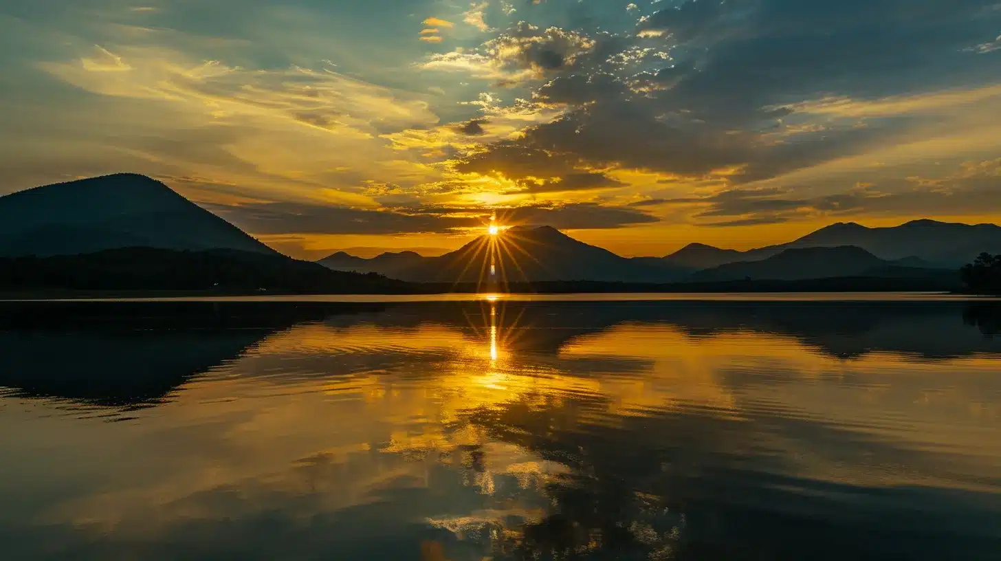 a breathtaking sunset casts golden hues over a tranquil lake, with silhouetted mountains reflecting gently on the water's surface and wisps of clouds glowing softly in the evening sky.