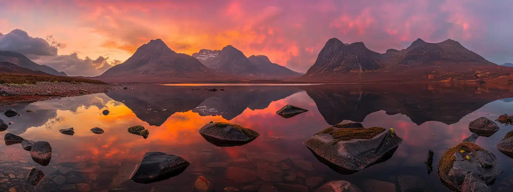 a breathtaking sunset casts vibrant hues of orange and pink across a tranquil lake, with silhouetted mountains reflecting on its glassy surface, evoking a sense of peaceful serenity.