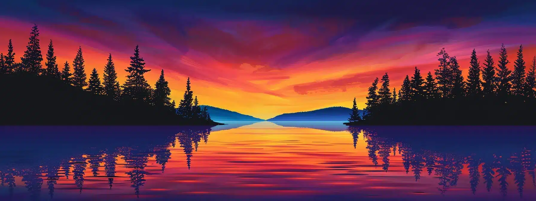 a breathtaking sunset casts vibrant hues of orange and purple over a serene lake, with soft ripples reflecting the colorful sky and silhouetted trees framing the scene.