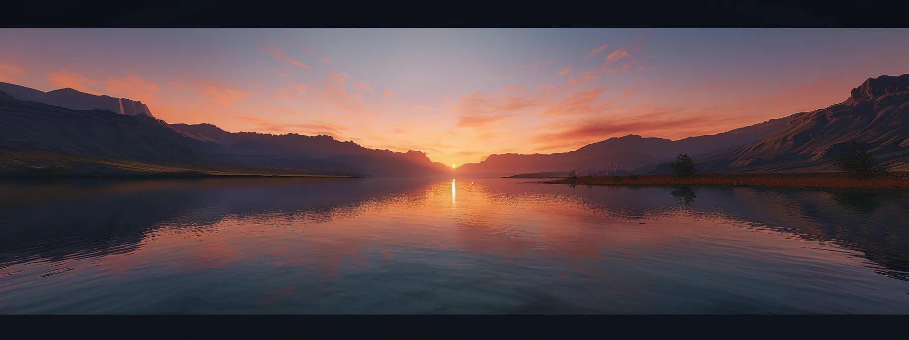 a breathtaking sunset over a serene lake, reflecting vibrant hues of orange and pink, surrounded by majestic mountains under a clear sky.