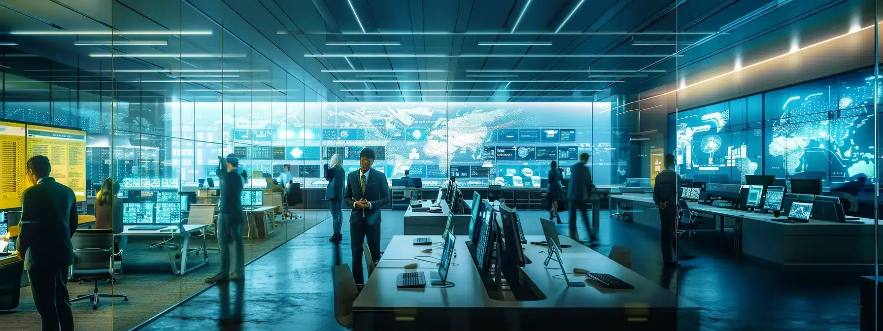 a bustling modern office filled with sleek glass partitions and high-tech working stations, showcasing a diverse group of professionals engaged in collaborative discussions, illuminated by dynamic overhead lighting and vibrant digital displays.