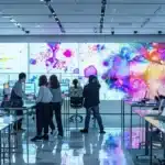 a sleek, modern office workspace showcases a large, polished conference table surrounded by minimalist chairs, illuminated by warm pendant lights, exuding an atmosphere of collaboration and innovation.