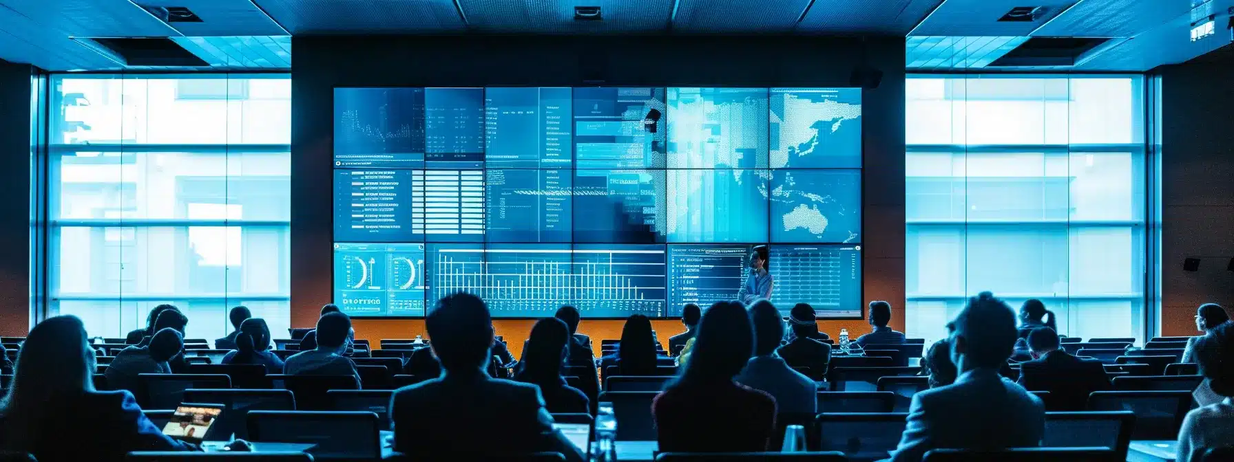 a dynamic conference room bustling with professionals engaged in animated discussions, illuminated by sleek, modern lighting that highlights a large digital presentation screen showcasing impactful data visuals.
