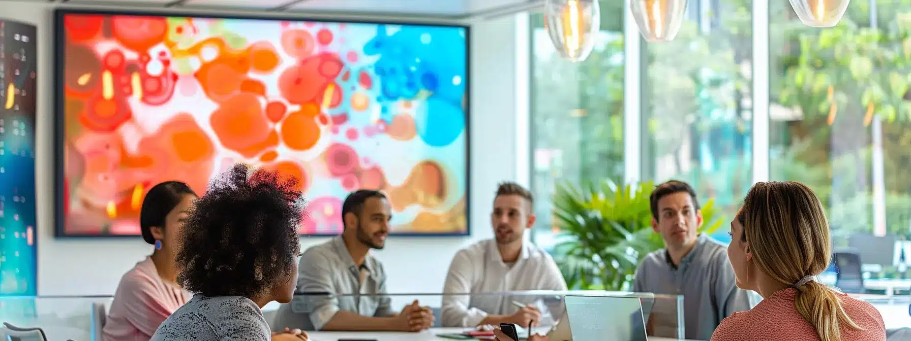 a dynamic, modern office environment features a diverse team of professionals engaged in a lively brainstorming session around a sleek conference table, illuminated by bold, colorful artwork that inspires creativity.