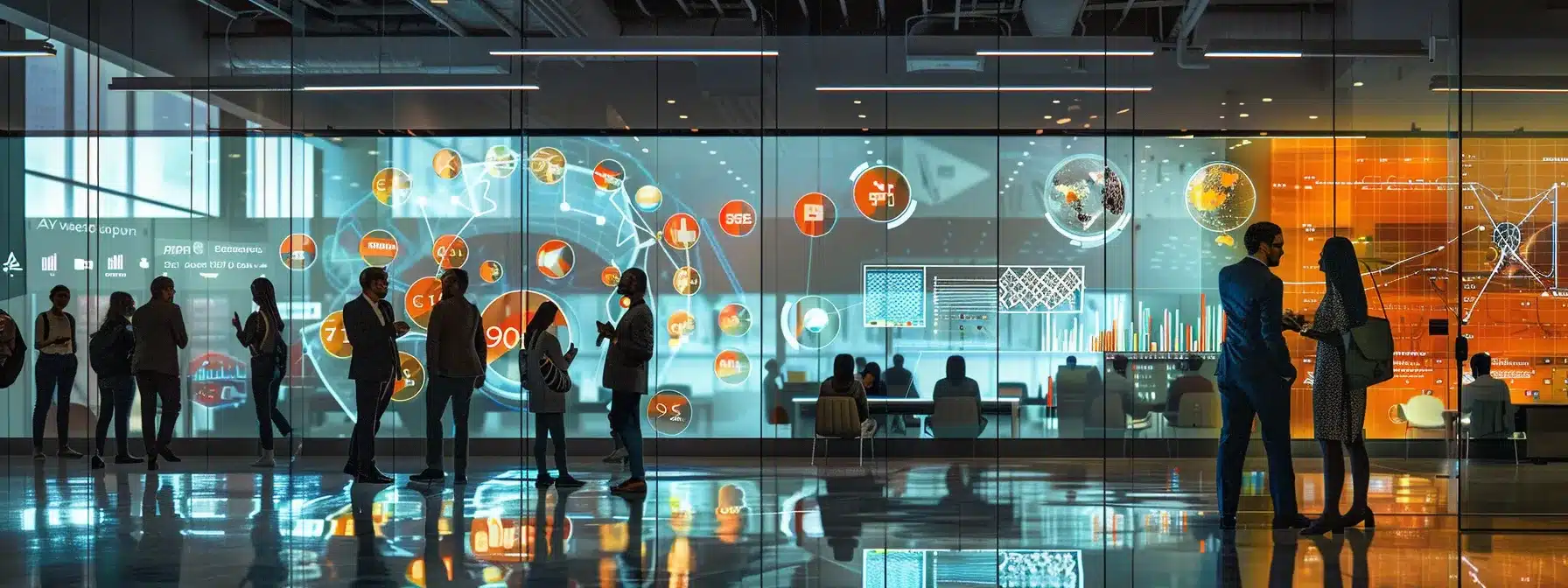 a dynamic office environment captures a group of diverse professionals engaged in an animated brainstorming session, surrounded by sleek technology and vibrant charts on glass walls that radiate innovation and collaboration.