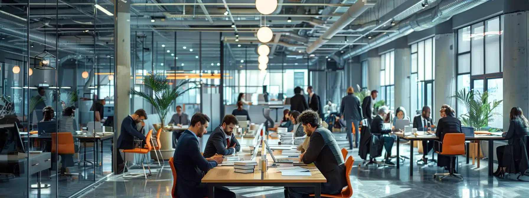 a dynamic office environment bustling with focused professionals engaged in vibrant discussions around sleek conference tables, illuminated by modern overhead lighting that emphasizes an atmosphere of collaboration and innovation.