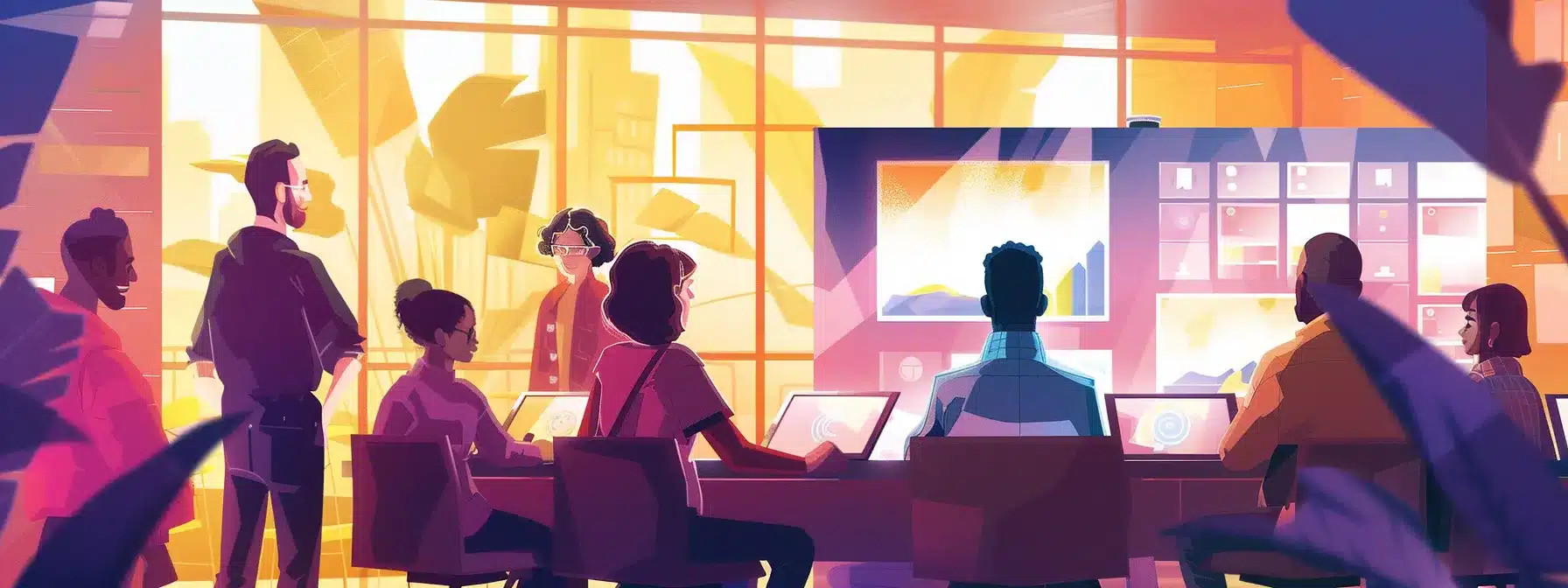a dynamic office scene showcases a diverse team engaged in a lively brainstorming session around a modern conference table, bathed in warm, ambient lighting that highlights their expressive discussions and vibrant digital presentations.