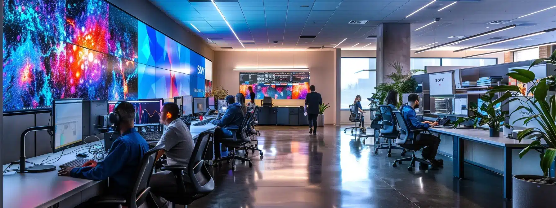 a dynamic office space with sleek, modern furniture and vibrant digital screens displays an engaged team collaborating over innovative strategies, radiating energy and focus.