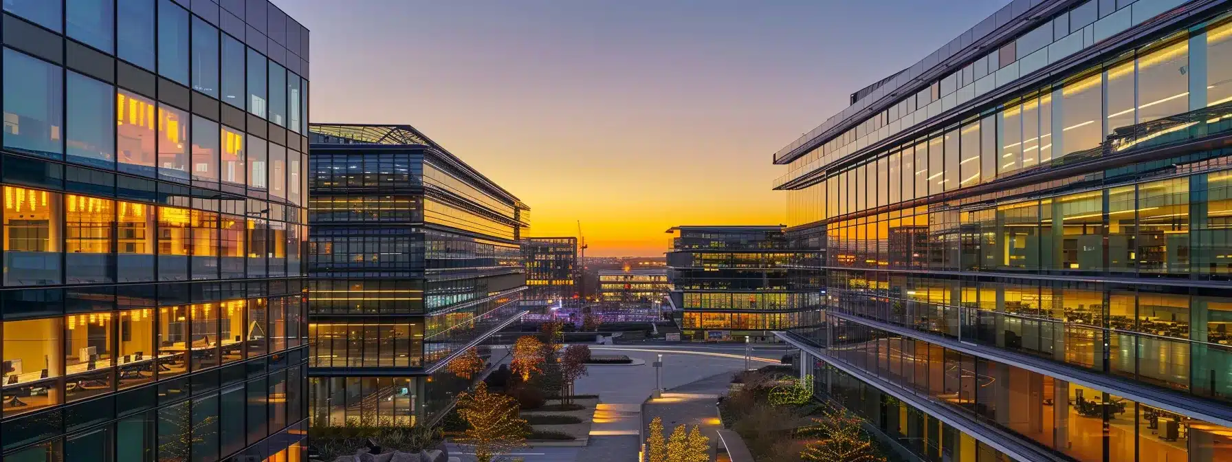 a dynamic urban office skyline at dusk, featuring sleek glass buildings illuminated by vibrant city lights, encapsulating the essence of corporate ambition and innovation.