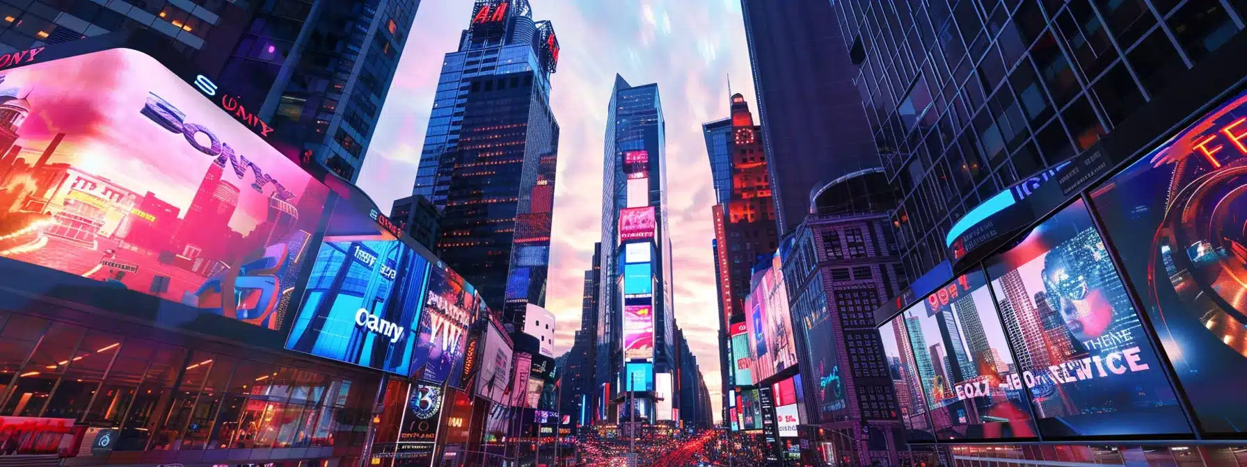 a dynamic urban skyline at dusk, showcasing gleaming glass skyscrapers reflecting vibrant city lights, with bustling streets filled with modern vehicles and illuminated billboards conveying a vibrant atmosphere of innovation and opportunity.