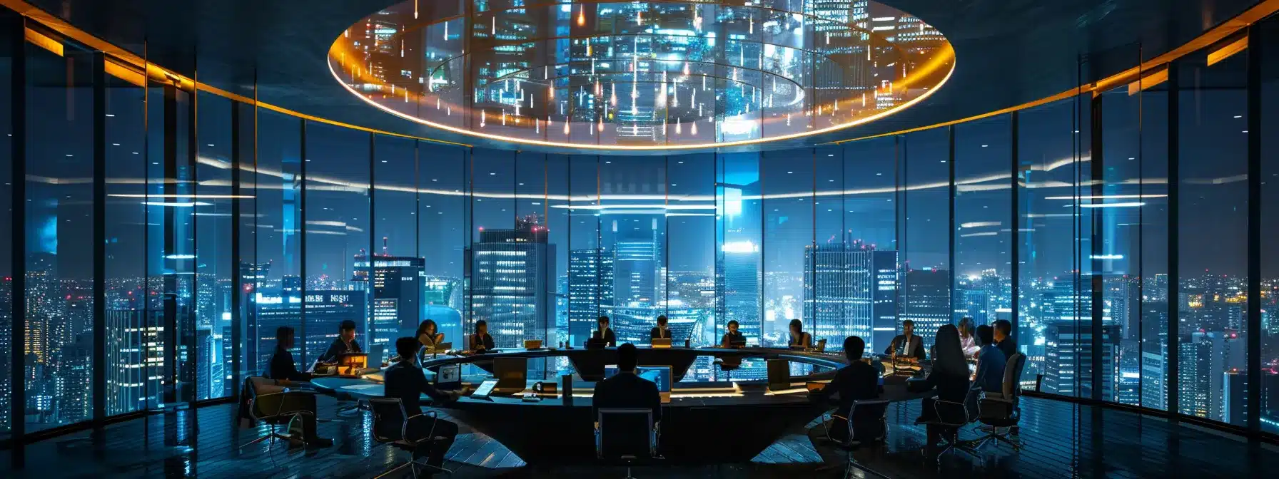 a dynamic urban workspace adorned with sleek glass walls reflects the vibrant energy of innovation, showcasing professionals engaged in collaborative brainstorming around a modern, circular table illuminated by dramatic overhead lighting.