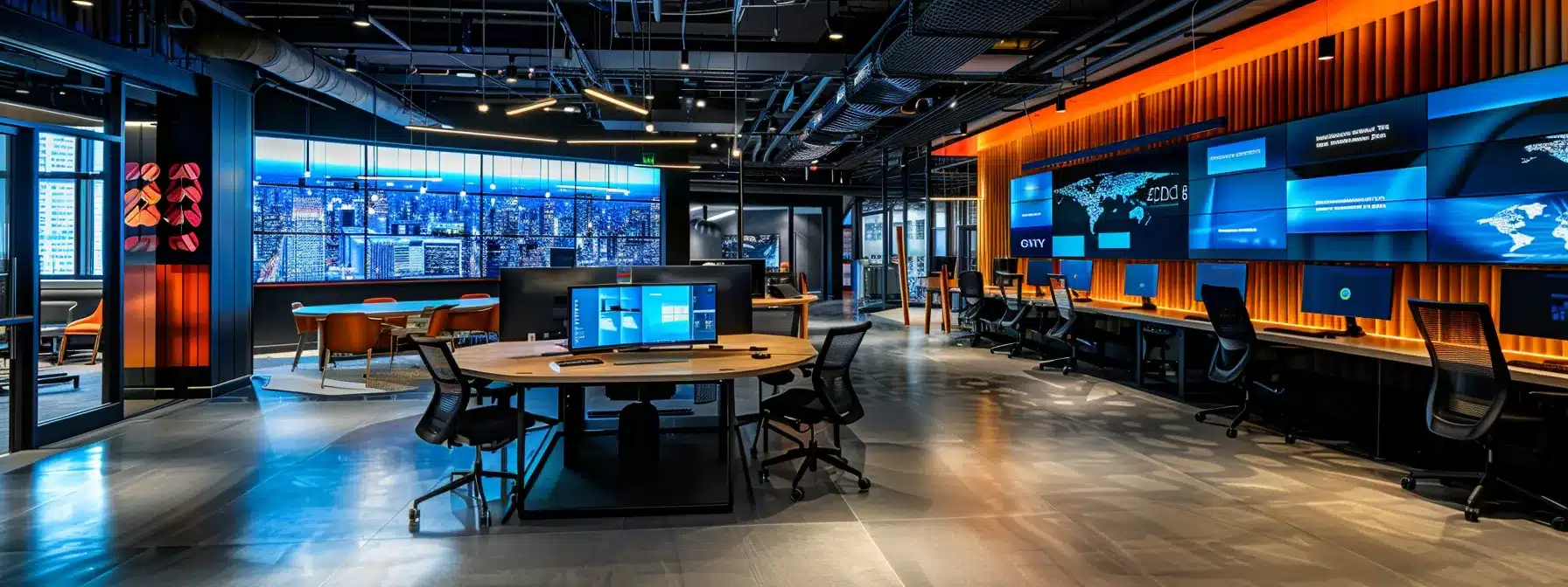 a dynamic urban workspace featuring sleek, modern office furniture and vibrant digital screens, illuminated by dramatic pendant lighting, showcasing a collaborative atmosphere of innovation and productivity.