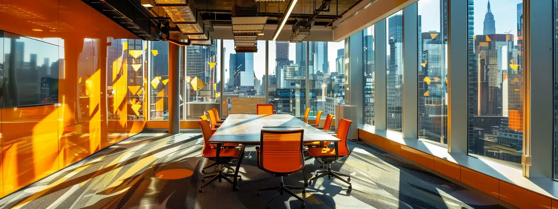 a dynamic urban workspace filled with sleek, modern technology, capturing the essence of collaboration and innovation amidst a backdrop of glass-walled conference rooms and vibrant city views.