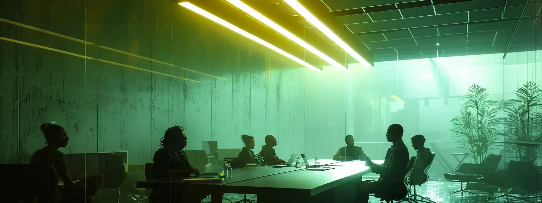 a modern office space bursts with energy as a diverse team collaborates around a sleek conference table, engaging enthusiastically in a dynamic brainstorming session illuminated by bright overhead lights.