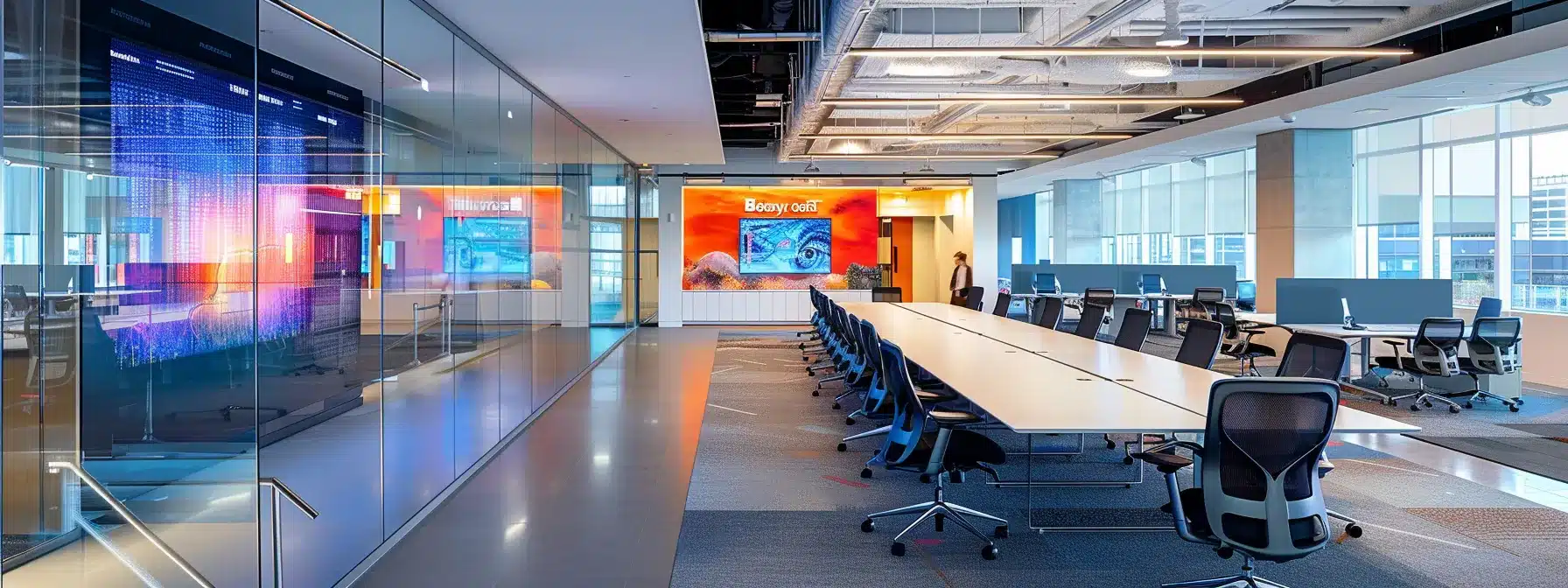 a modern office space is adorned with sleek glass walls and vibrant digital displays, showcasing professionals engaged in dynamic brainstorming sessions under bright, focused lighting.
