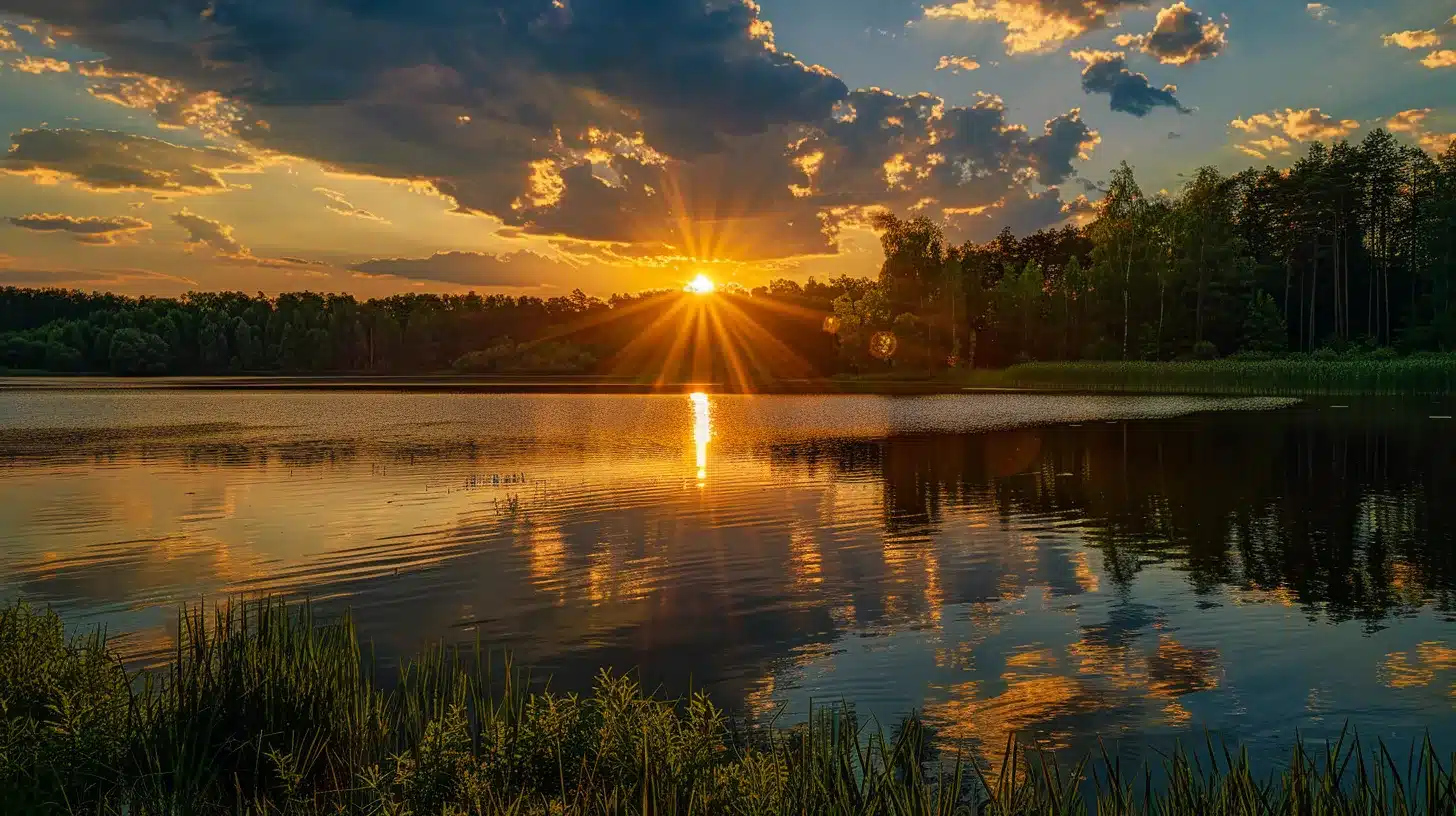 a radiant sunset casts a golden hue over a tranquil lake, reflecting the vibrant colors of a sprawling forest that borders the water's edge, creating a serene and harmonious atmosphere.