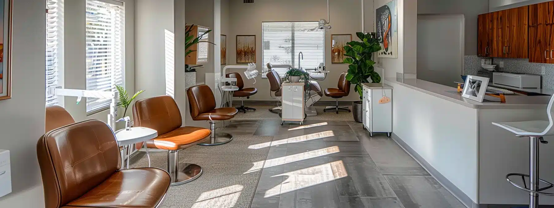a serene dental clinic in san antonio, featuring an inviting consultation area bathed in soft, natural sunlight, where patients explore various affordable extraction service options.