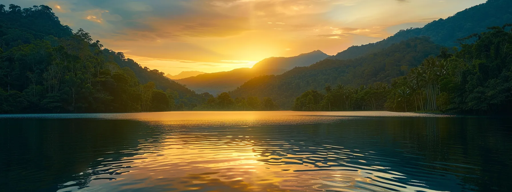 a serene sunrise casts a warm golden light over a tranquil lake, surrounded by lush, verdant mountains reflecting perfectly on the water's surface.