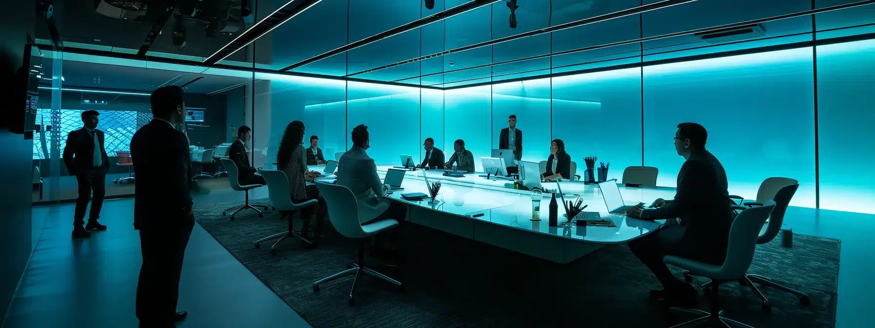 a sleek and modern office space is filled with dynamic energy, showcasing a diverse group of professionals engaged in an animated brainstorming session around a high-tech conference table, illuminated by bright overhead lights and the glow of digital screens.