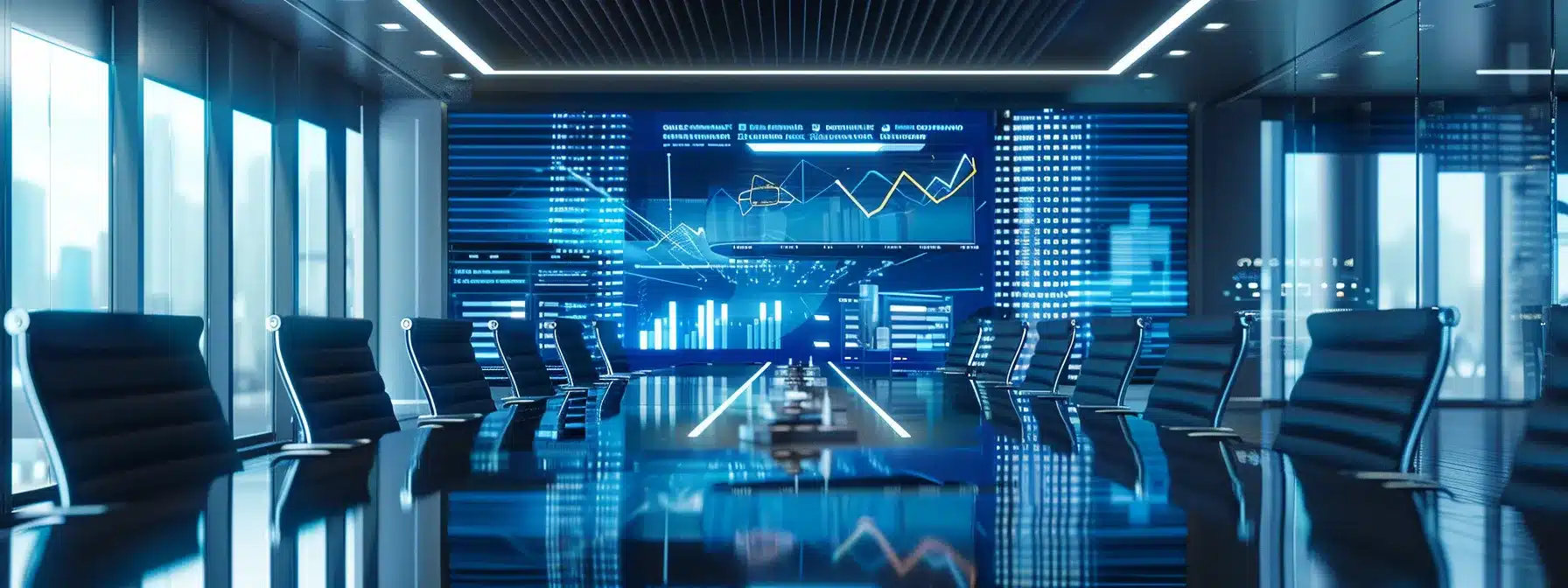 a sleek conference room illuminated by warm, modern lighting features a large glass table surrounded by ergonomic chairs, showcasing a high-tech presentation screen displaying dynamic graphs and charts that emphasize innovation and collaboration in a business environment.