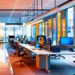 a sleek, high-tech office workspace bursts with vibrant colors and innovative gadgets, exuding an atmosphere of collaboration and creativity.