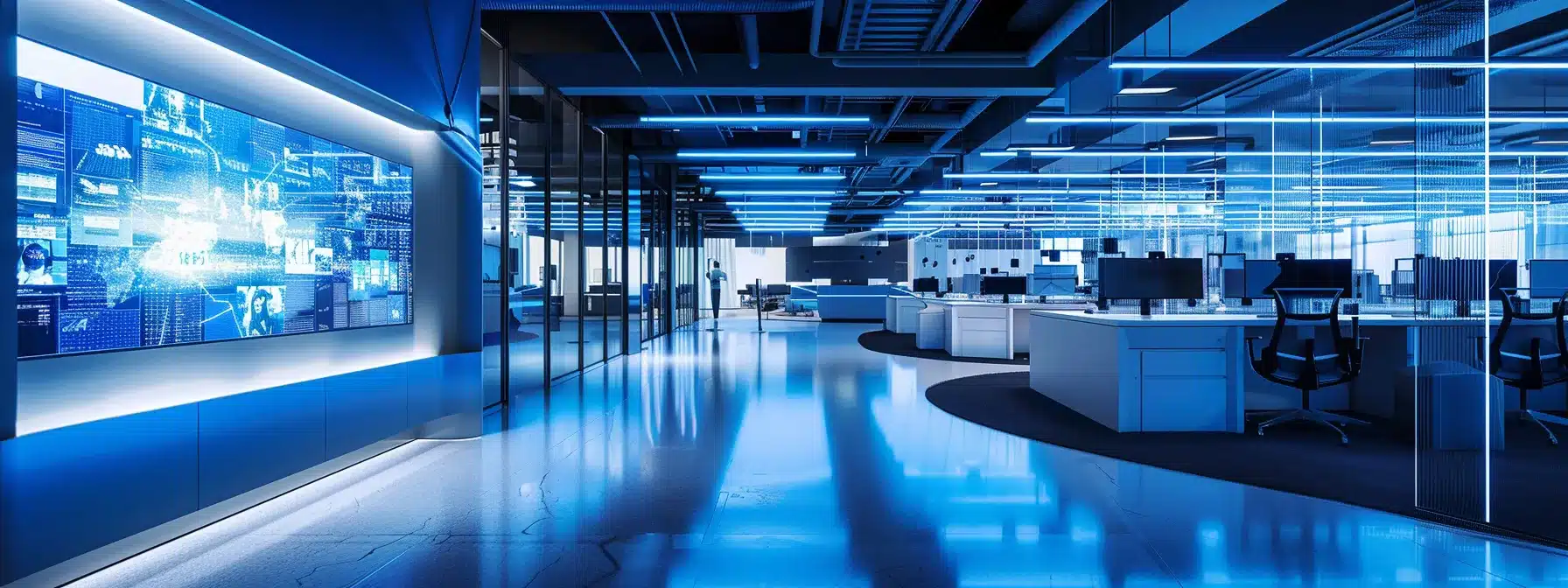 a sleek, high-tech office with futuristic workstations and large digital displays, illuminated by sharp blue and white lighting, conveying a dynamic atmosphere of innovation and collaboration.