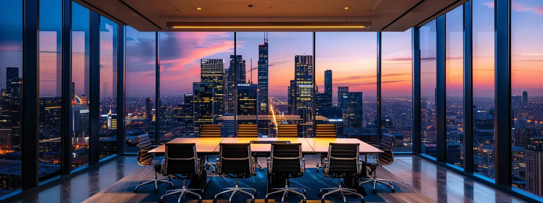 a sleek, high-tech office with a panoramic city skyline view, featuring a modern conference table surrounded by contemporary chairs, illuminated by dramatic overhead lighting that enhances the space's vibrant and professional ambiance.