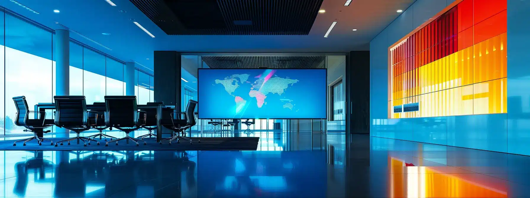 a sleek, minimalistic office space is illuminated by dynamic, colorful led lights, featuring a large monitor displaying vibrant data visualizations that emphasize cutting-edge technology and innovative business strategies.
