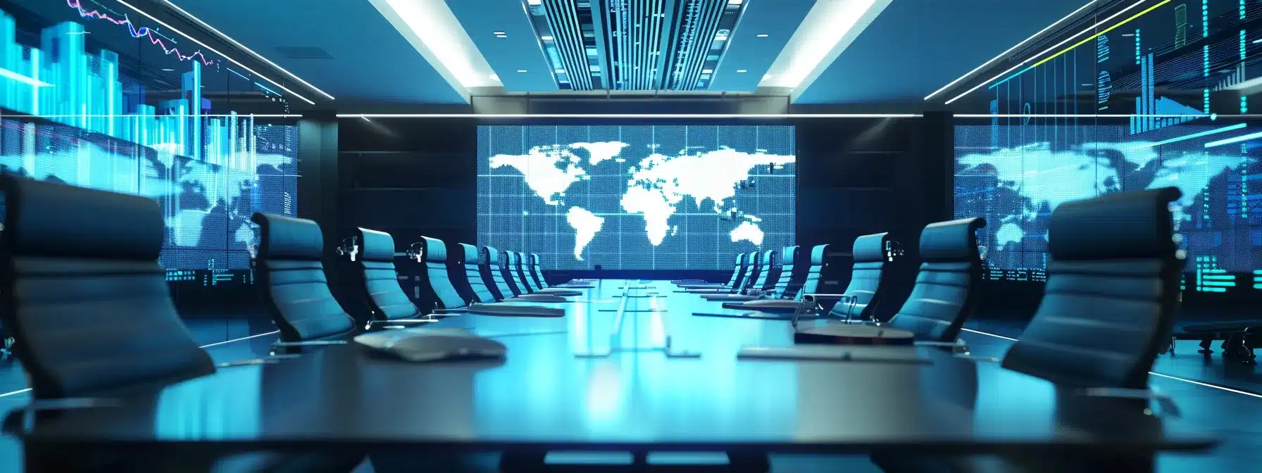 a sleek, modern conference room illuminated by sharp overhead lighting showcases a large digital screen displaying vibrant, dynamic data visuals, emphasizing a high-stakes business presentation.