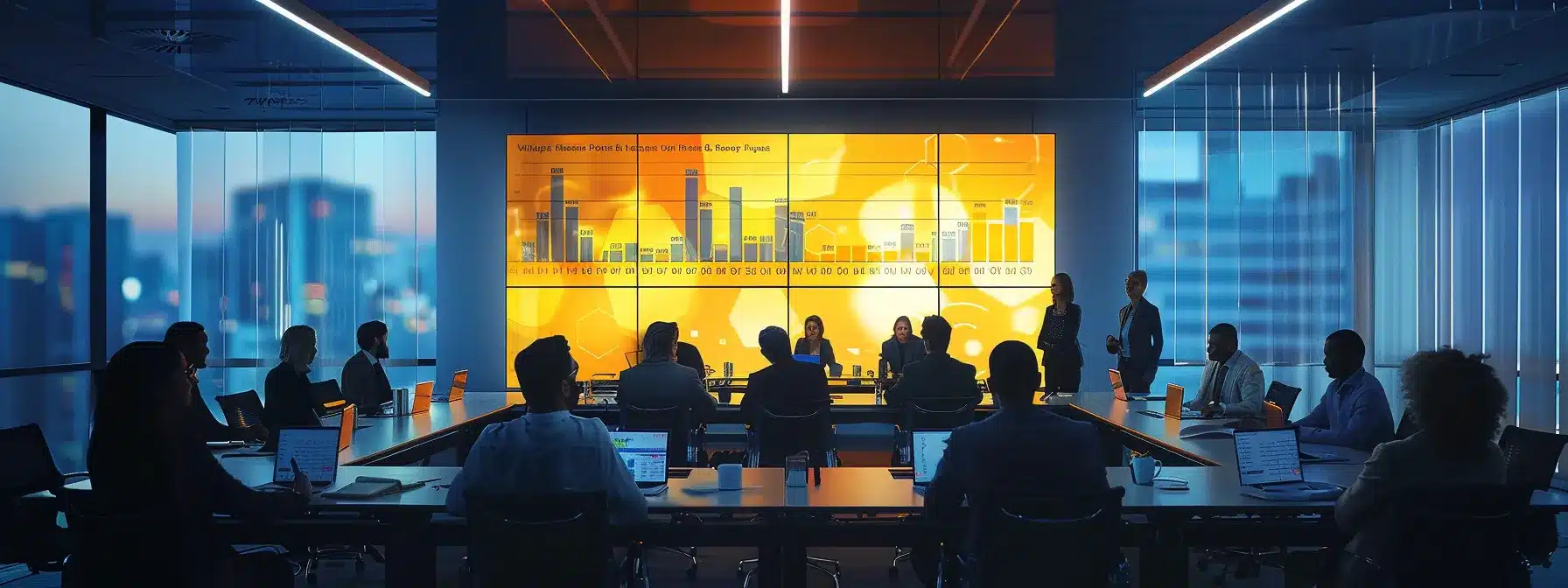 a sleek, modern conference room illuminated by bright overhead lights, showcasing a large digital screen displaying vibrant data analytics and a diverse group of professionals engaged in a dynamic brainstorming session.