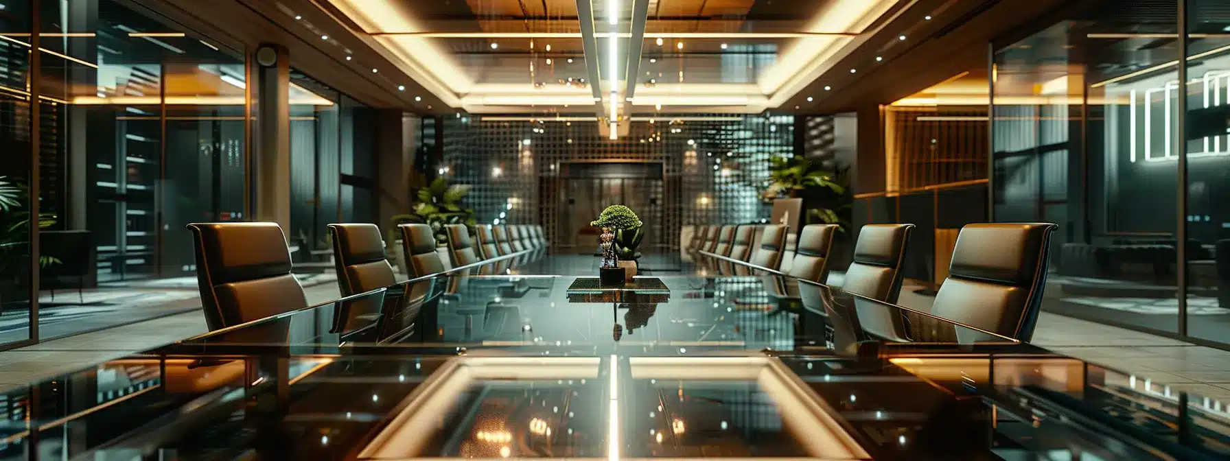 a sleek, modern corporate boardroom features a long glass table surrounded by high-backed chairs, illuminated by sophisticated overhead lighting, conveying a sense of professionalism and dynamic collaboration.