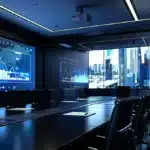 a sleek, modern office space adorned with high-tech gadgets and contemporary furniture, illuminated by soft artificial lighting, conveying a sense of innovation and productivity.