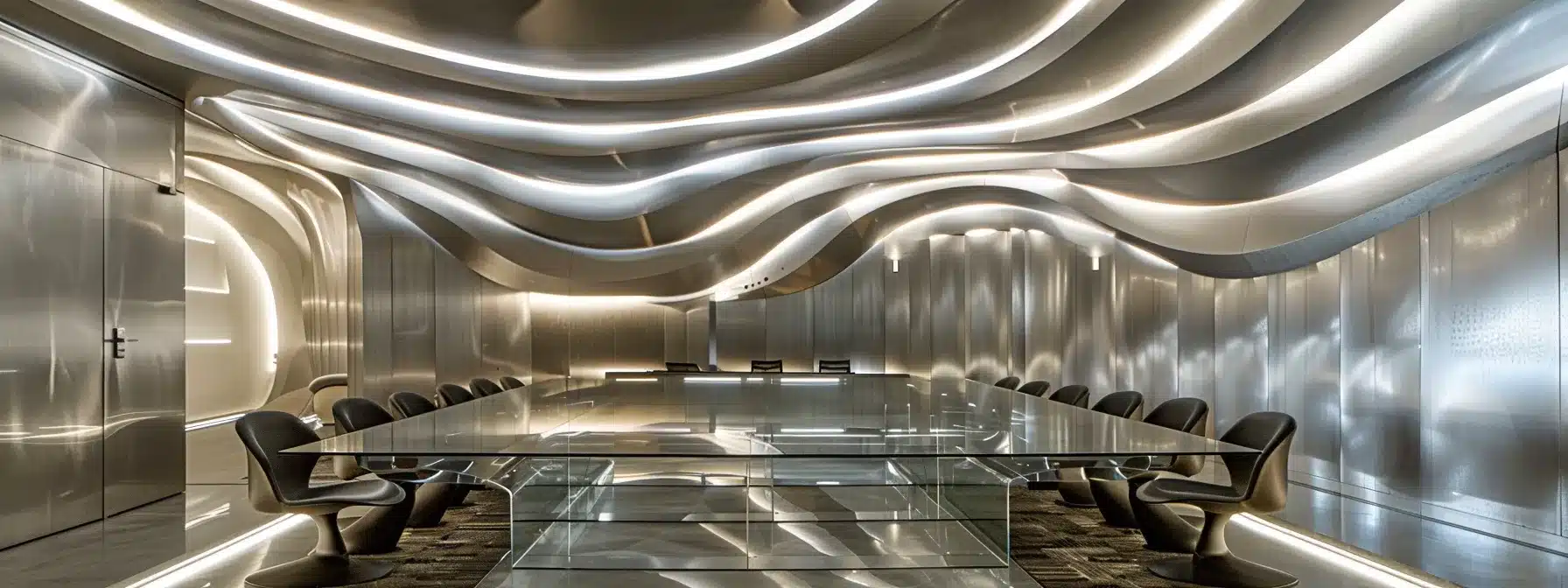 a sleek, modern office conference room featuring an impressive glass table surrounded by ergonomic chairs, illuminated by dramatic overhead lighting, conveys an atmosphere of professionalism and innovation.