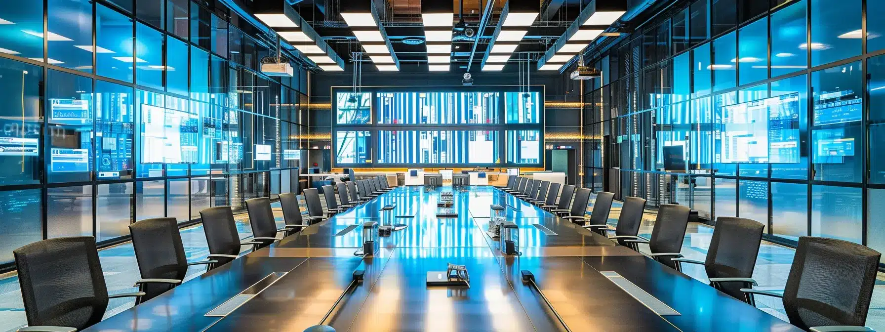 a sleek, modern office conference room features a large glass table illuminated by strategically placed pendant lights, showcasing an array of vibrant, high-tech devices and digital displays that emphasize innovation and collaboration.